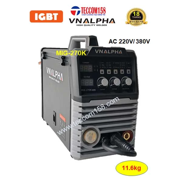 VNALPHA MIG-270K KHÔNG DÙNG KHÍ ĐẦU LIỀN CUỘN 5KG DÂY 0.8-1.0MM. CẤU HÌNH 6 BO 8 IGBT INPUT 220V & 380V ĐA CHỨC NĂNG MIG/MAG/MMA/TIG LIFT